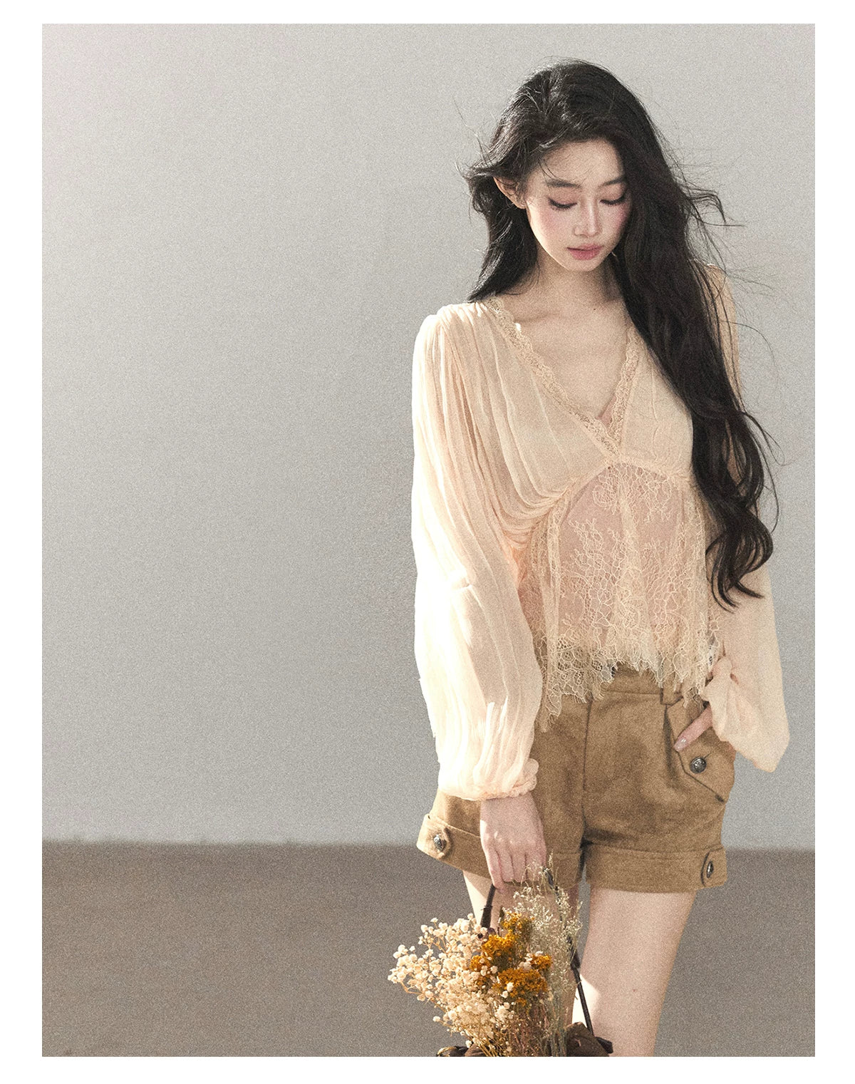 AOMALM - Blush Pink Lace-Trim Chiffon Blouse & Cami Set