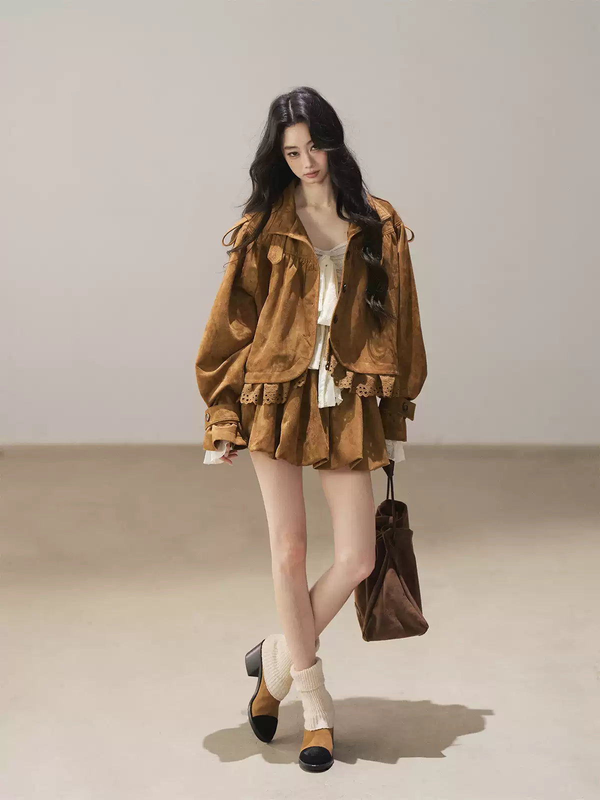 AOMALM - "Wind Through the Valley" Toasted Pecan Brown Faux Suede Jacket & Mini Skirt Set