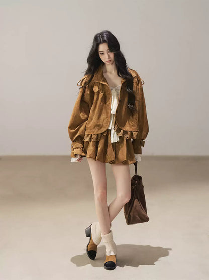 AOMALM - "Wind Through the Valley" Toasted Pecan Brown Faux Suede Jacket & Mini Skirt Set