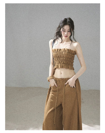 "Caramel Dusk" Ash Caramel Shirred Bandeau Top & Relaxed Pants Set