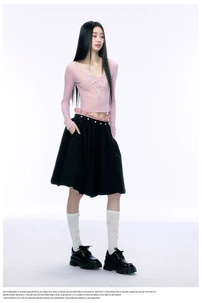 JN's DESIGN - Black Bubble Hem Skirt with Pearl Button Detail