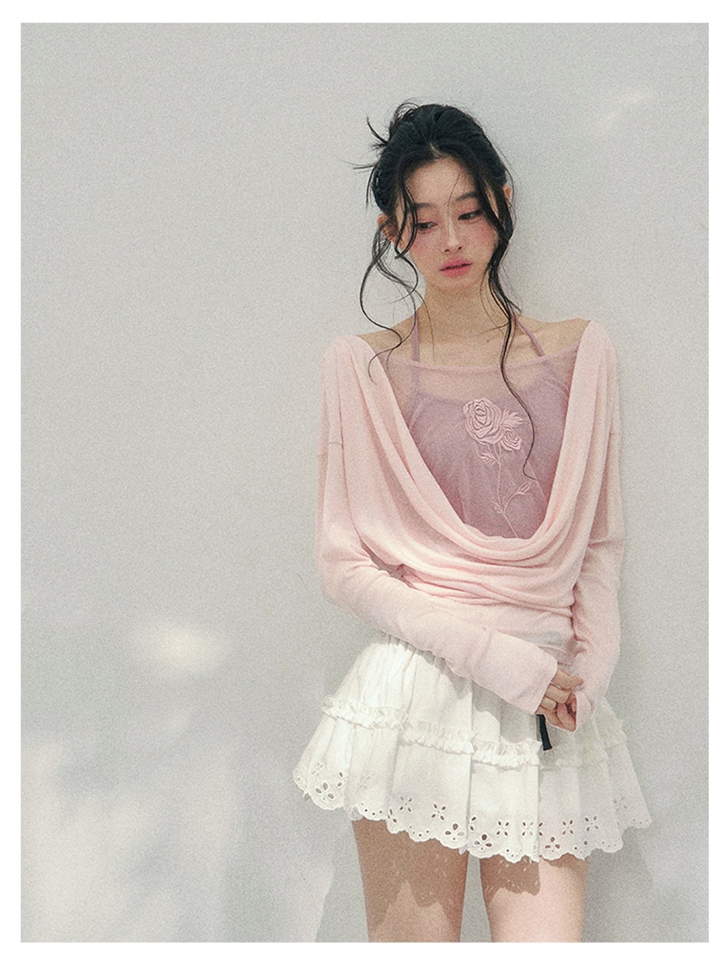 少也眼 “Summer Bloom Sequence” Cinnamon Pink Lyocell Two-Piece Overlay Set 140