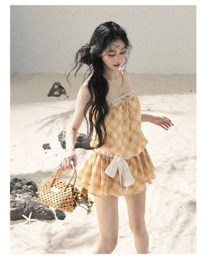 "Breeze Upon the Waves" Cheese Yellow Off-Shoulder Diamond Quilted Mini Dress
