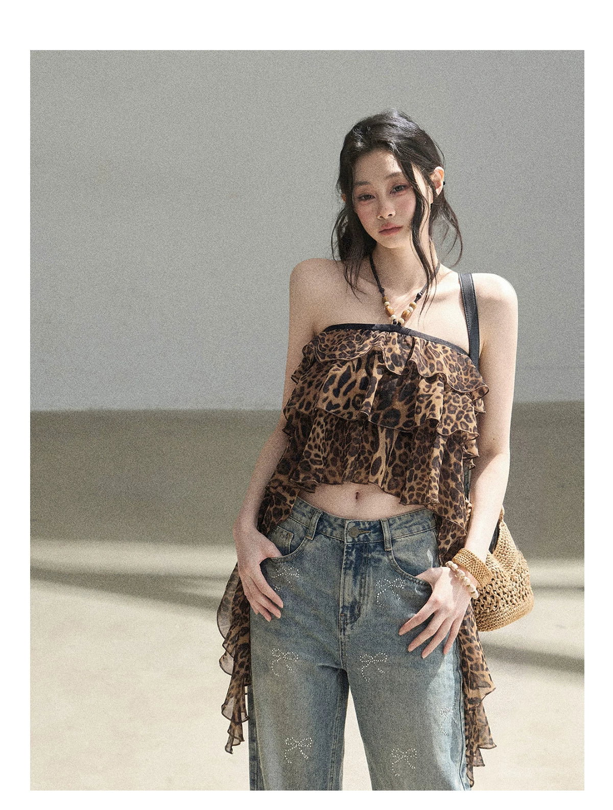 "Chasing the Sunset" Chestnut Brown Leopard Halter Ruffle Crop Top