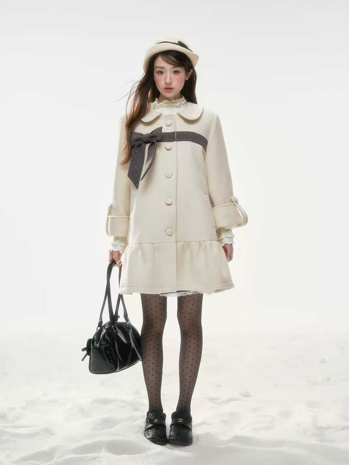BIBIBENCY - Ivory Wool-Blend Coat with Gray Bow Detail
