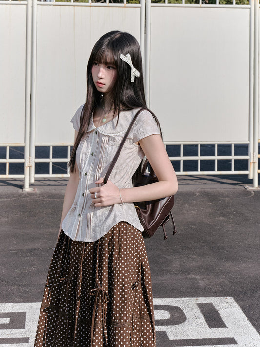 "Blooming Branches" Daisy Textured Blouse & Brown Polka Dot Pleated Skirt