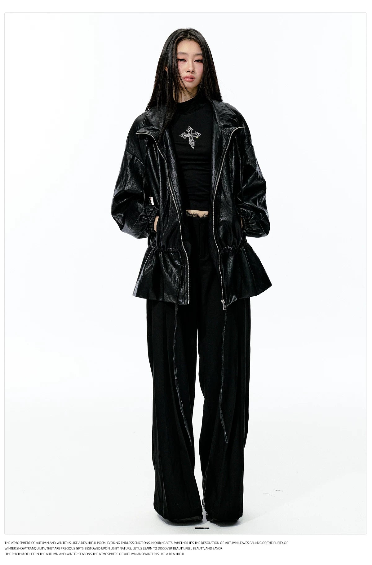 JN's DESIGN - Black Drawstring Faux Leather Jacket with Lace Back Detail