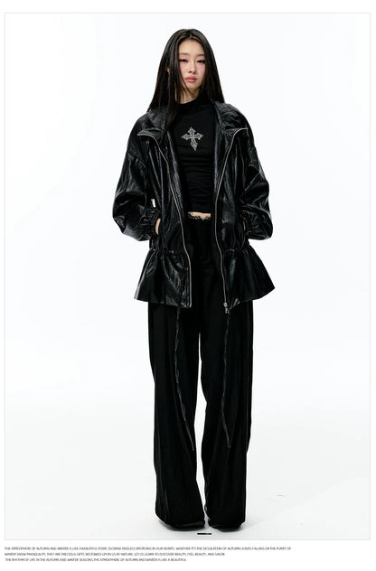 JN's DESIGN - Black Drawstring Faux Leather Jacket with Lace Back Detail