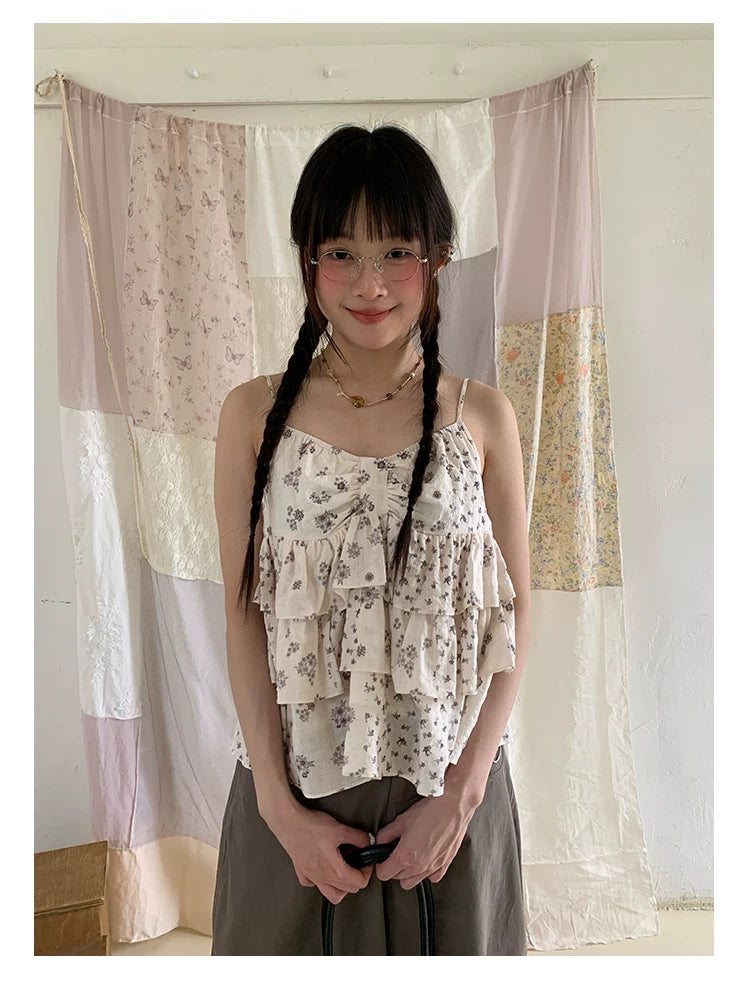 "Among the Blossoms" Soft Gray Floral Cotton Ruffle Cami Top