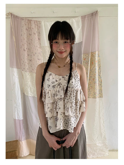 "Among the Blossoms" Soft Gray Floral Cotton Ruffle Cami Top