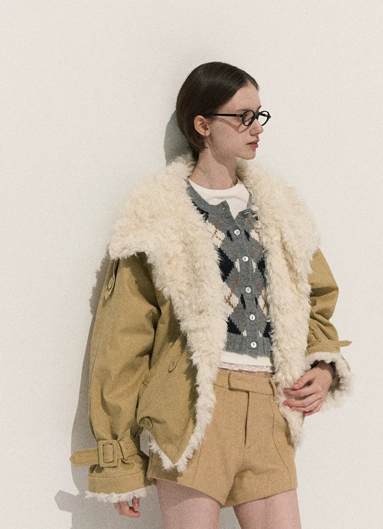 OAKMOO/ Cropped Faux Leather Shearling-Collar Jacket (Rich Black / Hazelnut Khaki)