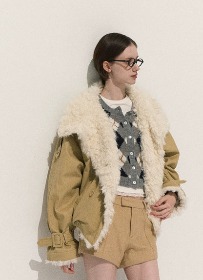 OAKMOO/ Cropped Faux Leather Shearling-Collar Jacket (Rich Black / Hazelnut Khaki)