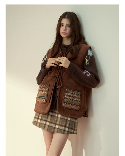 SunsetPark - "Mocha Fair Isle" Caramel Reversible Bow-Tie Faux Fur Vest Top