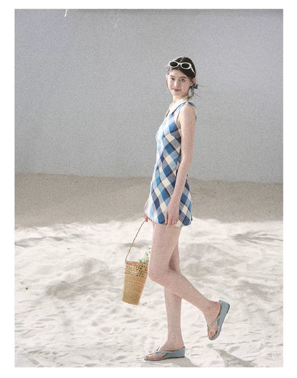 "Sunset by the Shore" Vintage Blue Plaid Polo Mini Dress 358648564