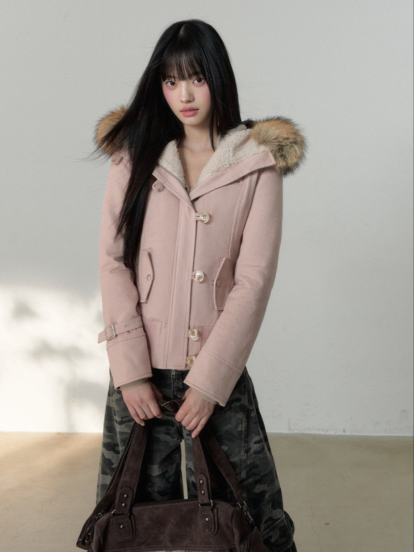 Soote Season - “Vintage Hourglass” Faux Fur–Lined Hooded Waist-Cinched Cotton Jacket - Cream Pink