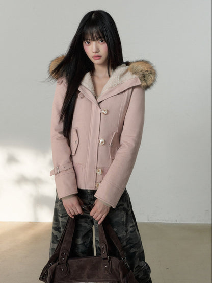 Soote Season - “Vintage Hourglass” Faux Fur–Lined Hooded Waist-Cinched Cotton Jacket - Cream Pink