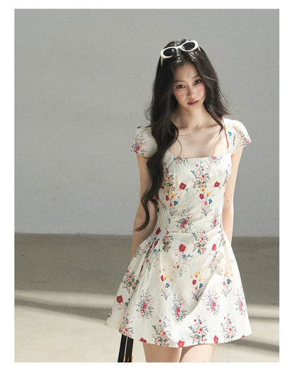 "Bloom Before Dawn" Dutch Cream Embroidered Floral Chiffon Mini Dress