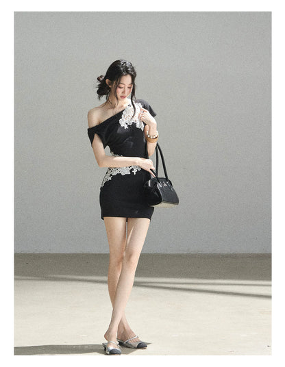 "When the Moon Didn't Arrive" Tranquil Black Lace Embroidered Bodycon Mini Dress