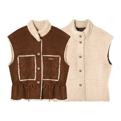 ASGONY - Brown Reversible Suede Faux Shearling Drawstring Vest