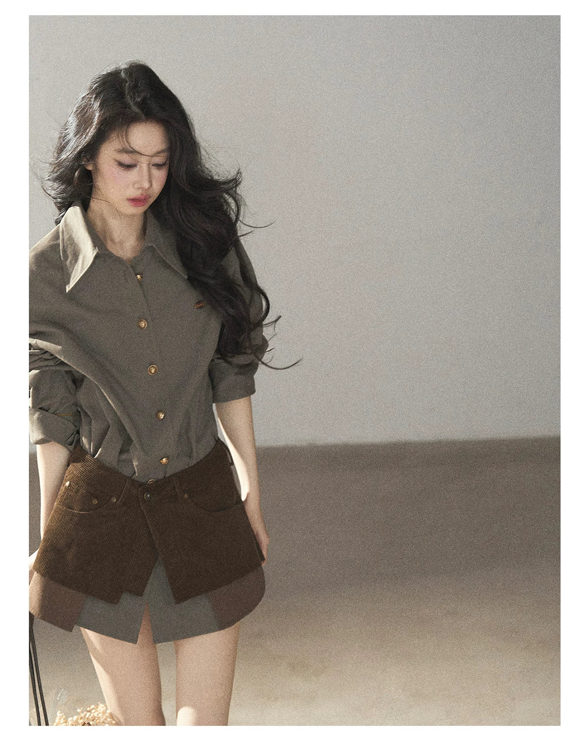 AOMALM - "Autumn Botanicals" Sage Green Striped Shirt & Wrap Faux Half-Skirt Set