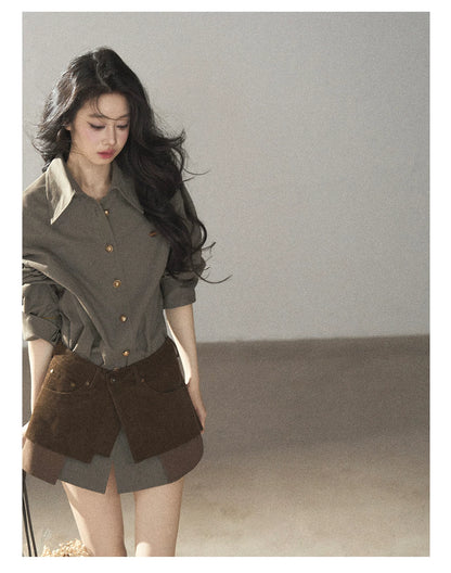 AOMALM - "Autumn Botanicals" Sage Green Striped Shirt & Wrap Faux Half-Skirt Set