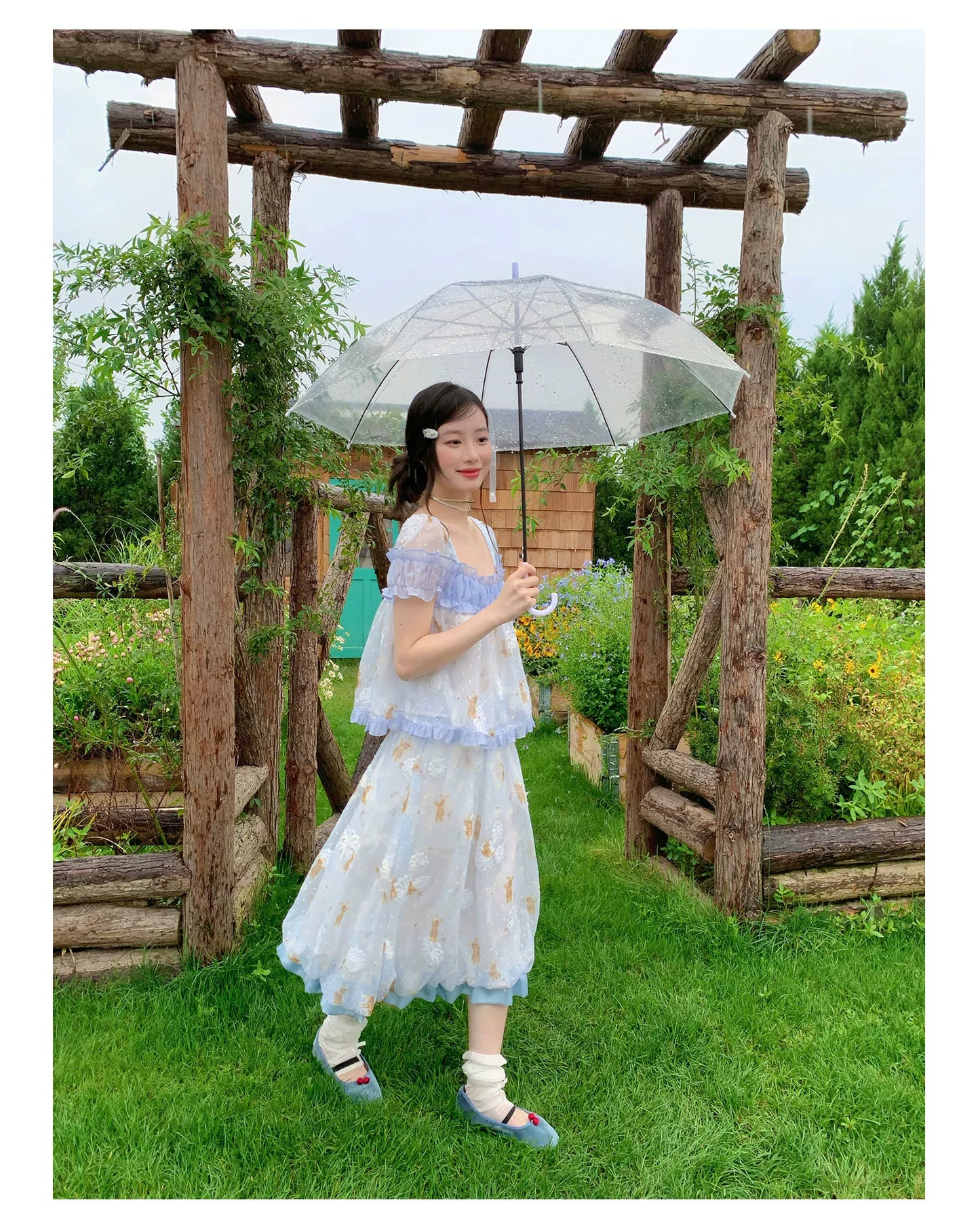 [RF] “Blue Teddy Fairytale” Bear Print Two-Piece Dress Set