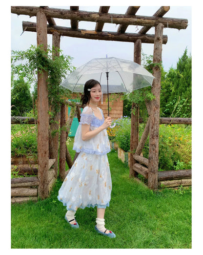 [RF] “Blue Teddy Fairytale” Bear Print Two-Piece Dress Set