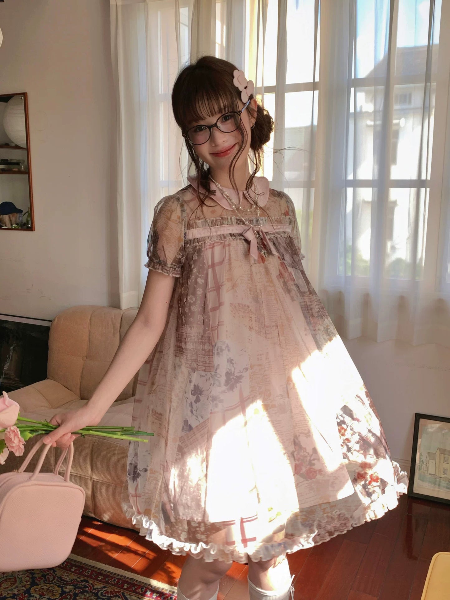 [RF] “Vintage Storybook” Light Brown Tea Patchwork Print Mini Dress