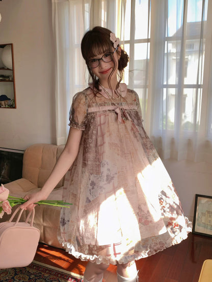 [RF] “Vintage Storybook” Light Brown Tea Patchwork Print Mini Dress
