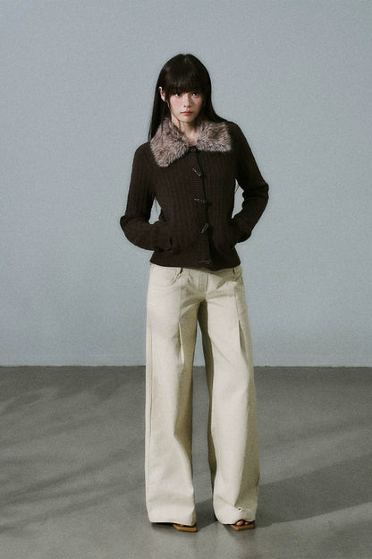 LOST FOREST - Dark Brown Detachable Faux-Fur Collar Toggle Cardigan