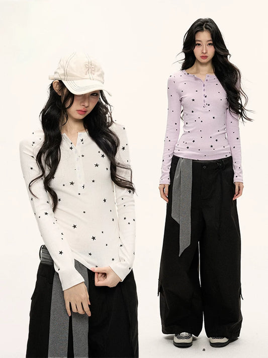 JN's DESIGN - Star Print Fitted Henley Long-Sleeve Top (White / Taro Pink-Purple)