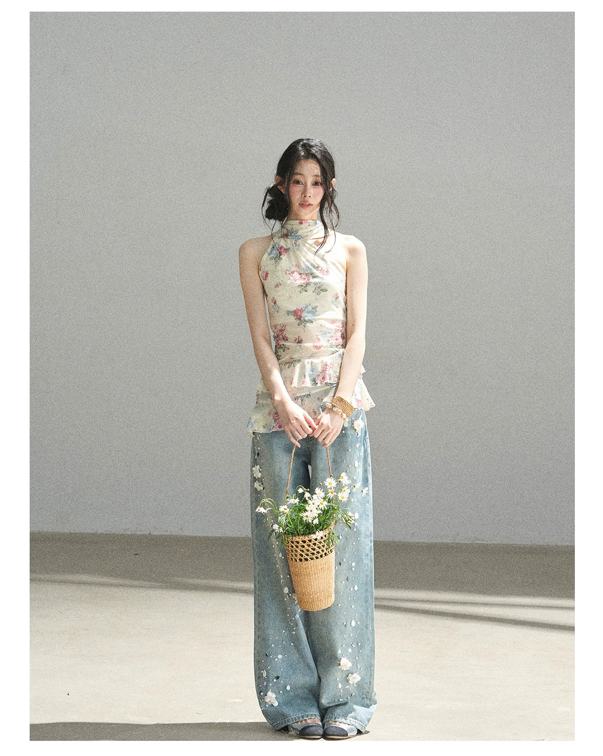 "Flowers & Sunlight" Dutch Cream Off-Shoulder Mesh Top