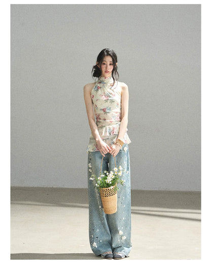 "Flowers & Sunlight" Dutch Cream Off-Shoulder Mesh Top
