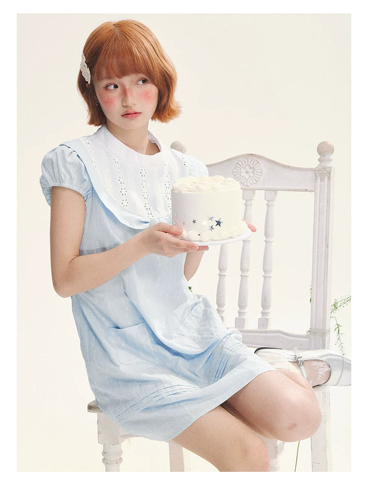 "Sea Salt Fizz" Baby Blue Cutout Embroidered Peter Pan Collar Puff Sleeve A-Line Dress
