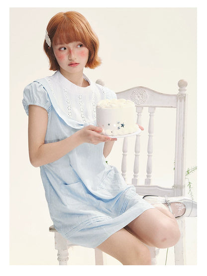 "Sea Salt Fizz" Baby Blue Cutout Embroidered Peter Pan Collar Puff Sleeve A-Line Dress