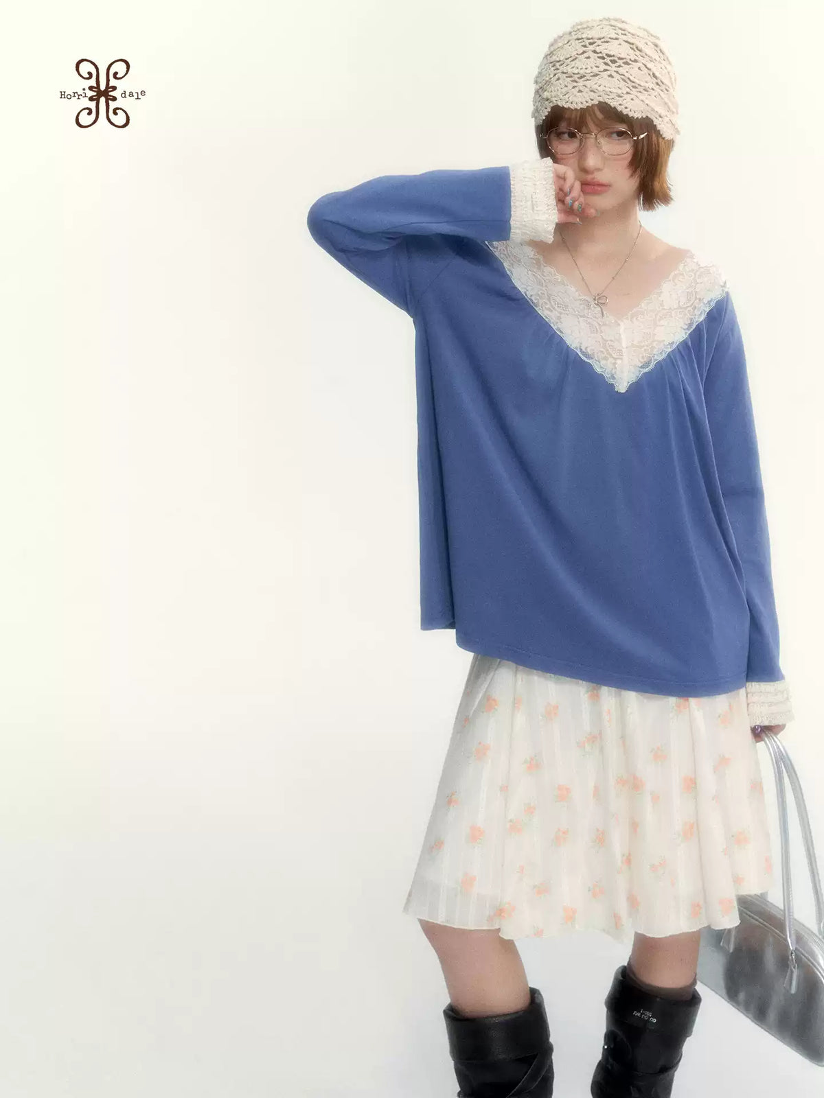 Classic Blue Lace V-Neck Long-Sleeve Top