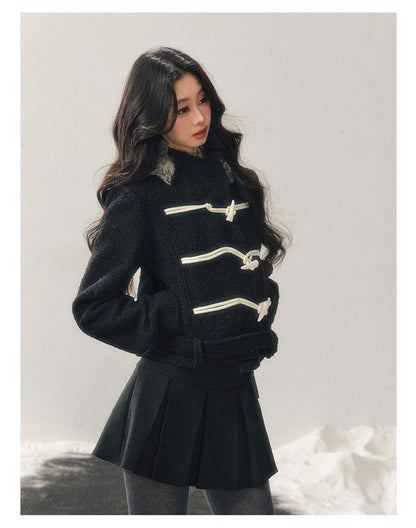 少也眼 "Silent Devotion" Quilted Fringe Wool Coat - Quiet Black