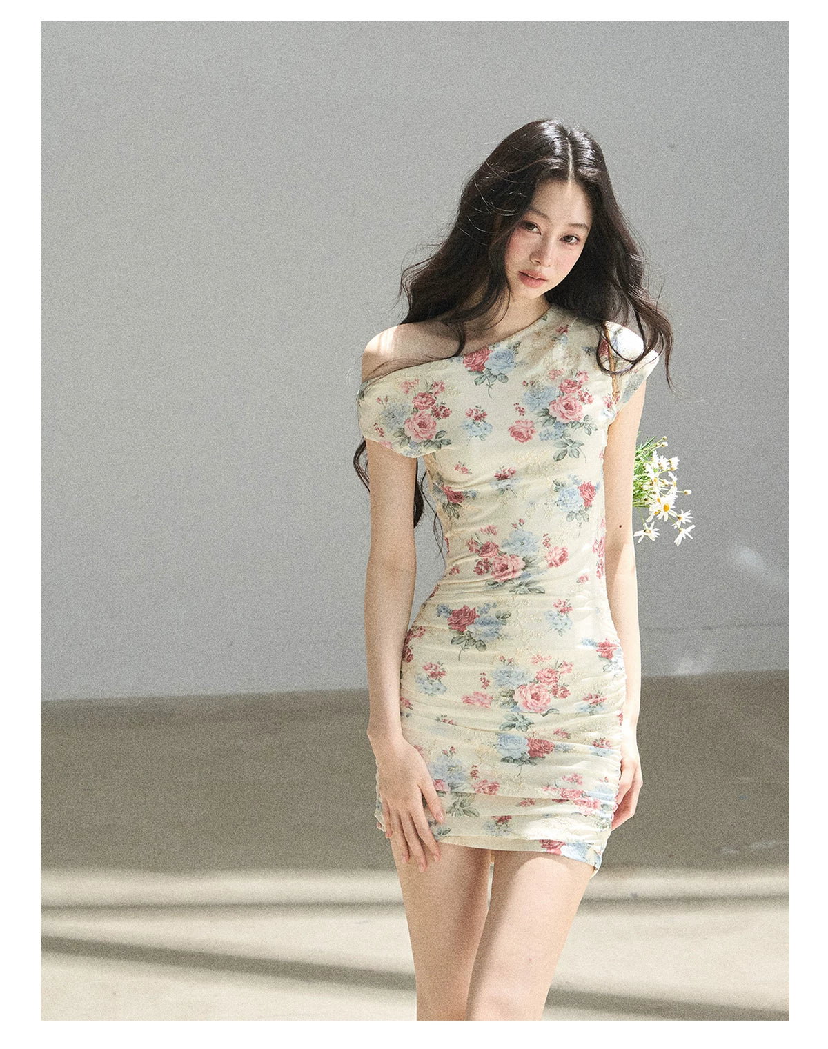"Flowers & Sunlight" Dutch Cream Off-Shoulder Mesh Bodycon Mini Dress