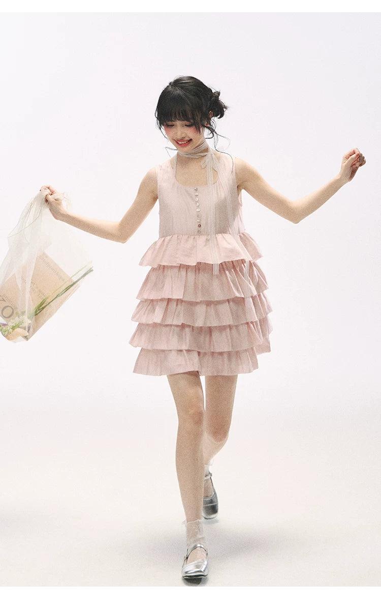 "Misty Pink Reverie" Petal Pink Lace Tie Tiered Sleeveless Dress