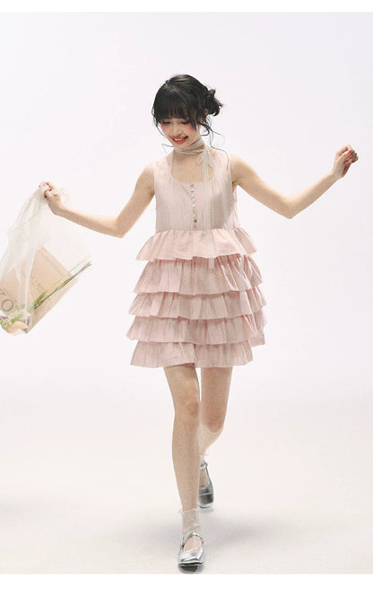 "Misty Pink Reverie" Petal Pink Lace Tie Tiered Sleeveless Dress