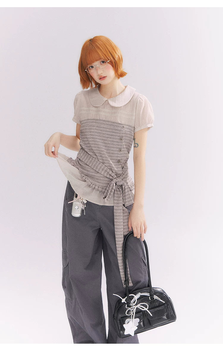 “Old Keepsake Letters” Frost Gray Doll Collar Lace Two-Piece Set