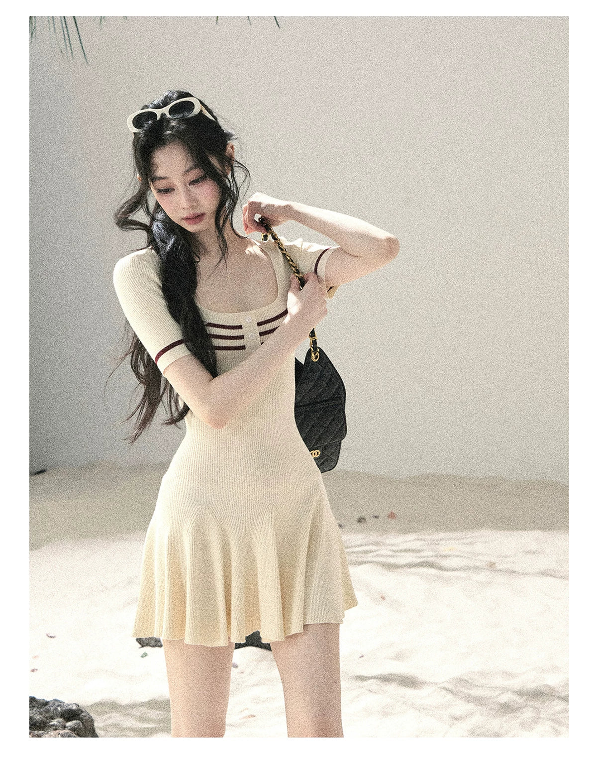 "First Date" Ivory Square Neck Knit Pleated Mini Dress