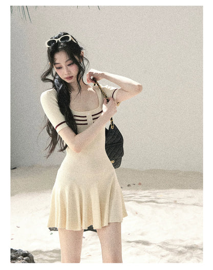 "First Date" Ivory Square Neck Knit Pleated Mini Dress