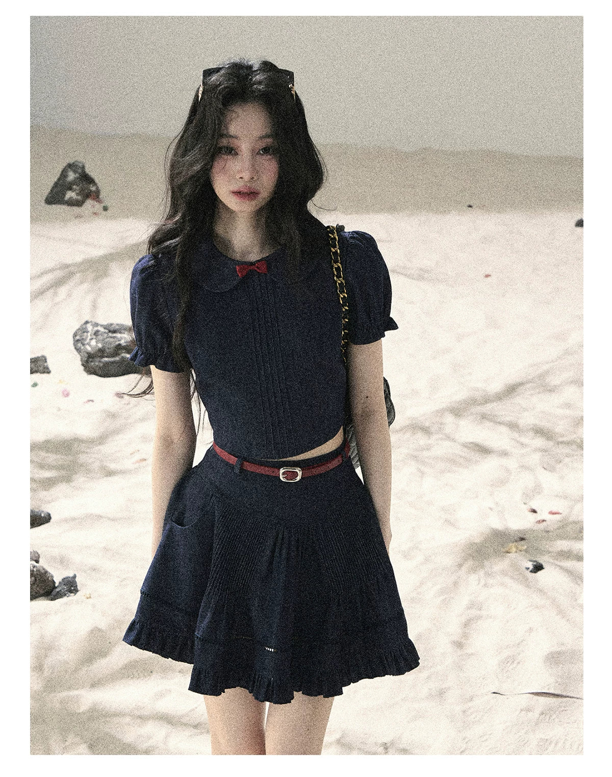 "Seaside Breeze" Navy Blue Denim Pleated Top & Mini Skirt Two-Piece Set