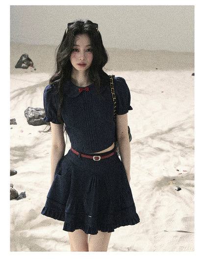 "Seaside Breeze" Navy Blue Denim Pleated Top & Mini Skirt Two-Piece Set