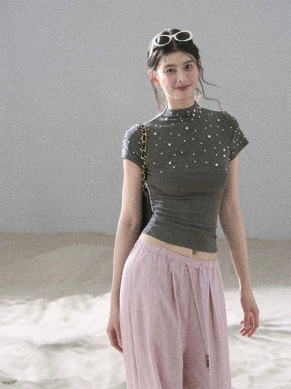 "Scattered Across the Milky Way" Pearl Beaded Knit T-Shirt (Haze Blue/ Sage Gray)