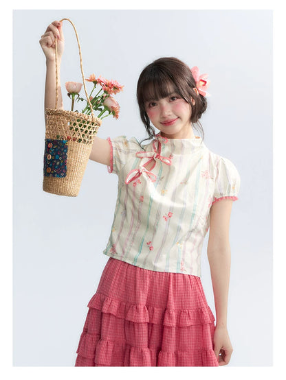"Peach Blossom" Beige Floral Print Mandarin Collar Blouse