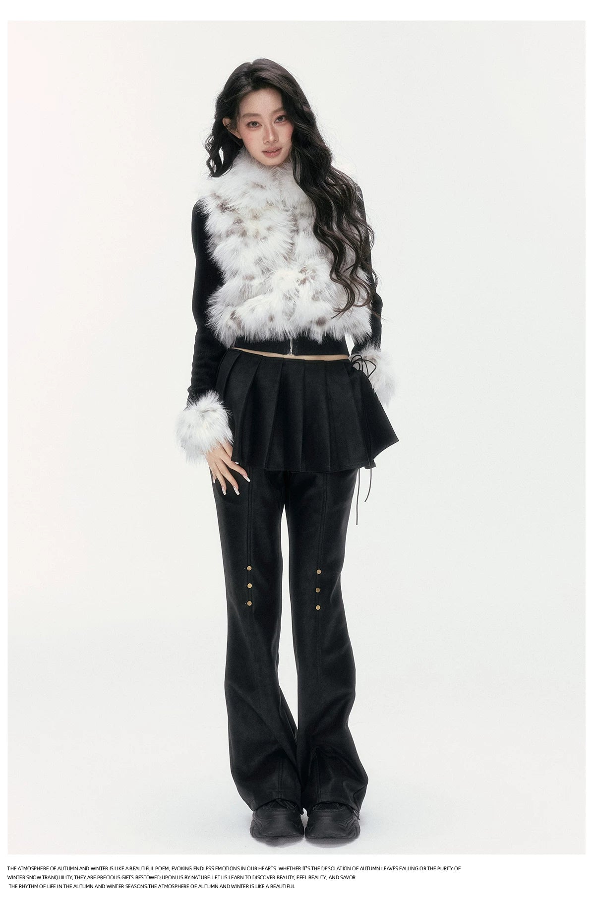 24olvides - Colorblock Faux Fur Jacket with Knit Sleeves