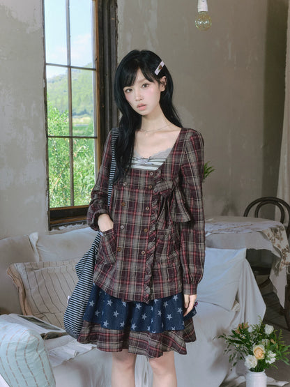 "Sage Whisper" Layered Vintage Collection (Plaid Shirt / Lace Cami / High-Waist Skirt)