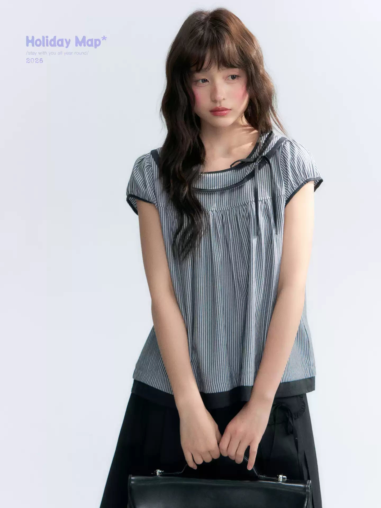 "Black Toast" Black Stripe Asymmetrical Collar Babydoll Blouse